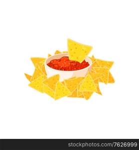 Nachos and chili pepper salsa vector isolated icon. Mexico nachos chips fast food snack. Mexican nachos chips and chili salsa food