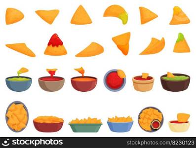 Nachos icons set cartoon vector. Mexican dip. Restaurant food. Nachos icons set cartoon vector. Mexican dip