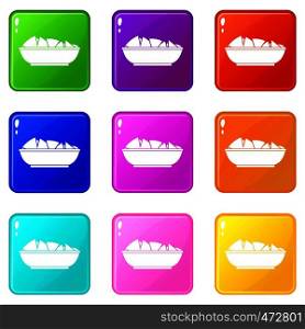 Nachos in bowl icons of 9 color set isolated vector illustration. Nachos in bowl icons 9 set