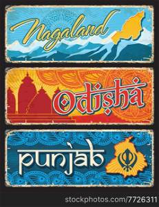 Nagaland, Odisha and Punjab Indian states vintage plates or banners. Vector aged signs, travel destination landmarks of India. Retro grunge boards, worn touristic signboards plaques with ornament. Nagaland, Odisha and Punjab Indian states plates