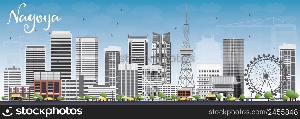 Nagoya Skyline with Gray Buildings and Blue Sky. Vector Illustration. Business and Tourism Concept with Modern Buildings. Image for Presentation, Banner, Placard or Web Site.