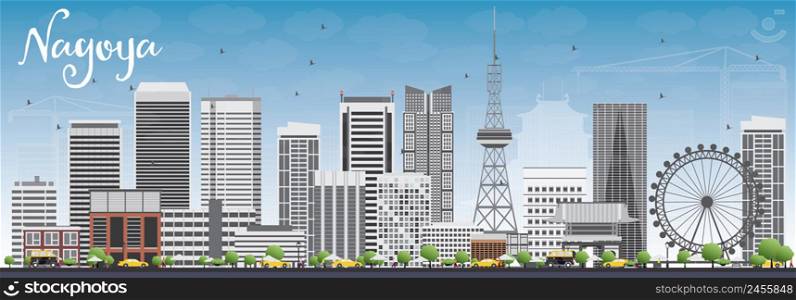 Nagoya Skyline with Gray Buildings and Blue Sky. Vector Illustration. Business and Tourism Concept with Modern Buildings. Image for Presentation, Banner, Placard or Web Site.