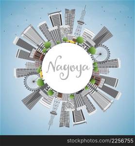 Nagoya Skyline with Gray Buildings, Blue Sky and Copy Space. Vector Illustration. Business and Tourism Concept with Modern Buildings. Image for Presentation, Banner, Placard or Web Site.
