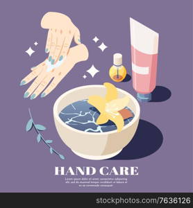 Nail and hand skin care natural products aromatic moisturizing cream lotion isometric advertising background vector illustration