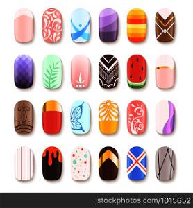 Nail art design. False fingernails manicure vector template. Illustration of nail manicure, polish bright acrylic. Nail art design. False fingernails manicure vector template
