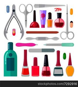 Nail art, poster with collection of objects used to create new styles, nail files and scissors, vector illustration, isolated on white background. Nail Art Collection of Objects Vector Illustration