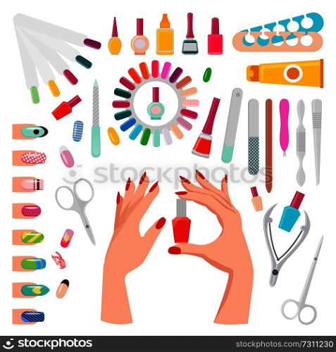 Nail art, poster with samples and tools, hands holding botle with polish, tube with essential oil, toe separator vector illustration isolated on white. Nail Art Samples and Tools Vector Illustration