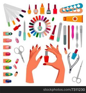 Nail art, poster with samples and tools, hands holding botle with polish, tube with essential oil, toe separator vector illustration isolated on white. Nail Art Samples and Tools Vector Illustration
