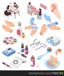 Nail artists their clients and various tools for manicure polish file lamp palette remover 3d isometric icons set isolated vector illustration