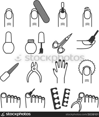 Nail care, manicure and cutter, spa vector icons. Nail care, manicure and cutter, spa vector icons. Care to hand and foot, tools for pedicure illustration