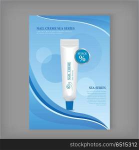 Nail Cream Sea Series. Nail cream sea series. White plastic tube for cosmetics on blue background. Product for body and skin care, beauty, health, freshness, youth, hygiene. Realistic vector illustration.