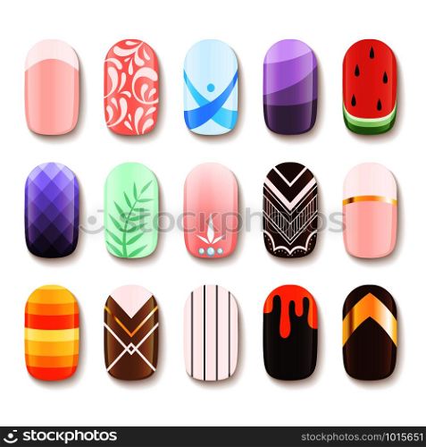 Nail designs. Colored template of finger art design vector pictures cartoon. Illustration of manicure nail, beauty polish glamour. Nail designs. Colored template of finger art design vector pictures cartoon