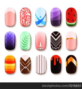 Nail designs. Colored template of finger art design vector pictures cartoon. Illustration of manicure nail, beauty polish glamour. Nail designs. Colored template of finger art design vector pictures cartoon
