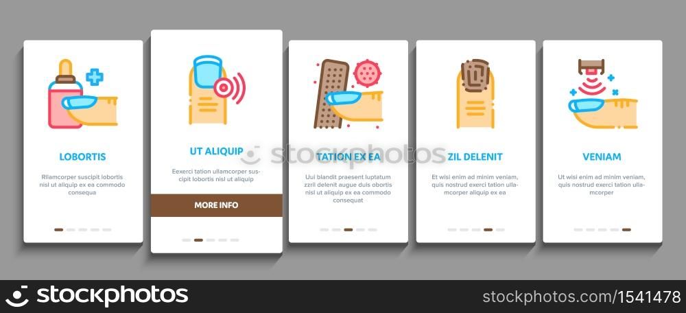 Nail Infection Disease Onboarding Mobile App Page Screen Vector. Nail Infection And Treatment, Virus And Research, Smell Boot And Feet Wash Illustrations. Nail Infection Disease Onboarding Elements Icons Set Vector
