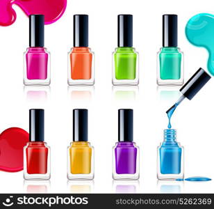 Nail Polish Assortment. Nail polish assortment of beautiful bright colors on white background with colorful drops realistic vector illustration