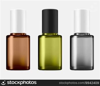 Nail polish bottle isolated paint packaging set mockup. Different color nailpolish pack. Cosmetic serum package blank. Gloss enamel or luxury collagen essence. Finger makeup product. Nail polish bottle isolated paint packaging mockup