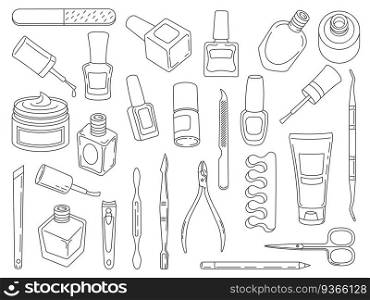 Nail polish. Manicure and pedicure tools and accessories. Linear icon of salon nails care hand cream, scissors, file and nipper, vector set. Beauty professional treatment for woman. Nail polish. Manicure and pedicure tools and accessories. Linear icon of salon nails care hand cream, scissors, file and nipper, vector set