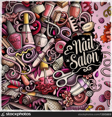 Nail salon hand drawn vector doodles illustration. Manicure frame card design. Beauty elements and objects cartoon background. Bright colors funny border. All items are separated. Bathroom hand drawn vector doodles illustration. Bath room frame card design.
