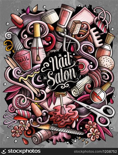 Nail Salon hand drawn vector doodles illustration. Manicure poster design. Beauty elements and objects cartoon background. Bright colors funny picture. All items are separated. Nail Salon hand drawn vector doodles illustration. Manicure poster design.