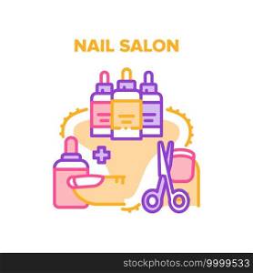 Nail Salon Treat Vector Icon Concept. Cutting And Polishing Fingernail, Fashion Manicure And Pedicure, Painted With Acrylic Varnish, Nail Salon Service. Beauty Center Color Illustration. Nail Salon Treat Vector Concept Color Illustration
