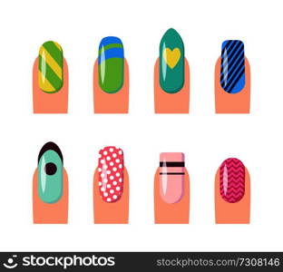 Nail service and art, poster with template fingernails and patterns painted on them, dots and hearts, stripes vector illustration isolated on white. Nail Service and Art Poster Vector Illustration