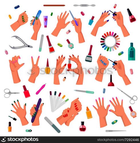 Nail service collection, poster with hands, and painted fingernails, bottles with gel, and polish, files and tubes with oils, vector illustration. Nail Service Collection Poster Vector Illustration