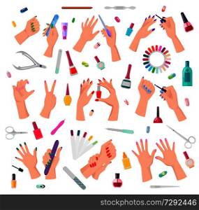 Nail service collection, poster with hands, and painted fingernails, bottles with gel, and polish, files and tubes with oils, vector illustration. Nail Service Collection Poster Vector Illustration