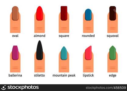 Nail shape icons. Types of fashion nail shapes. Vector illustration. Nail shape icons