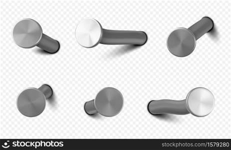 Nails hammered into wall, steel or silver pin heads, straight and bent metal hardware spikes or hobnails with grey caps top view isolated on transparent background. Realistic 3d vector icons set. Nails hammered into wall steel or silver pin heads