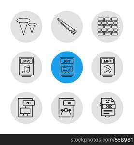 Nails , saw , bricks wall , mp3 , audio file , ppt , power point file , mp4 , video file , pptx , ai , doc , document , icon, vector, design, flat, collection, style, creative, icons