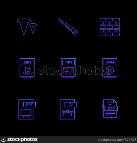 Nails , saw , bricks wall , mp3 , audio file , ppt , power point file , mp4 , video file , pptx , ai , doc , document , icon, vector, design, flat, collection, style, creative, icons