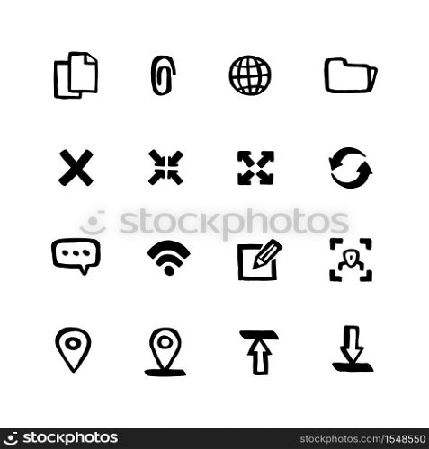 Naive style Web icon set. Web and mobile UI Doodle ink style Set of icons. Vector hand drawn naive style line icons.. Naive style Web icon set. Web and mobile UI Doodle ink style Set of icons. Vector hand drawn naive style line icons