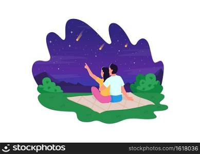 Naked eye stargazing 2D vector web banner, poster. Lovely couple looking at beautiful stars falling flat characters on cartoon background. Romantic evening printable patch, colorful web element. Naked eye stargazing 2D vector web banner, poster