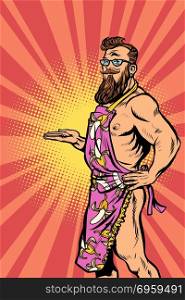 naked male hipster waiter. naked male hipster waiter. Comic cartoon pop art retro vector vintage illustration. naked male hipster waiter