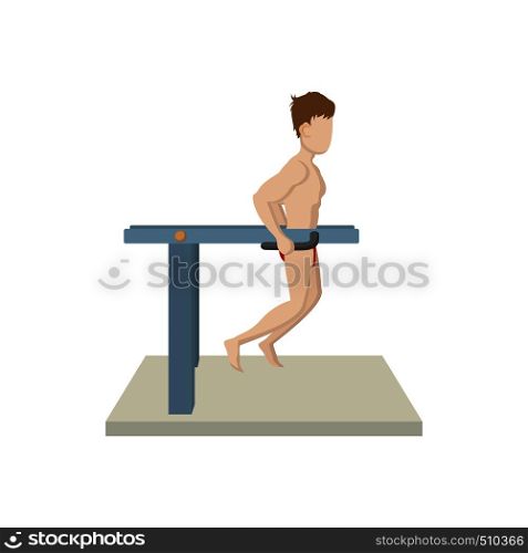 Naked man doing exercise on bars icon in cartoon style on a white background . Naked man doing exercise on bars icon