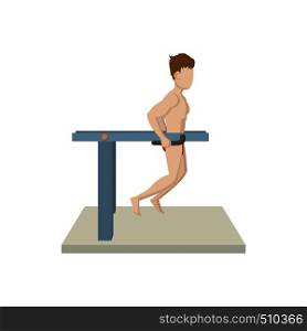 Naked man doing exercise on bars icon in cartoon style on a white background . Naked man doing exercise on bars icon