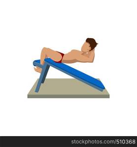 Naked muscle man man training weights with legs icon in cartoon style on a white background . Naked muscle man man training weights with legs