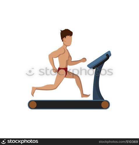 Naked muscle man running on a treadmil icon in cartoon style on a white background . Naked muscle man running on a treadmil icon