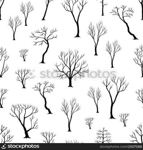 Naked trees pattern. Seamless print with black plant trunks and bare branches silhouette. Dry forest. Botanical background. Dead deciduous woodland. Winter botany. Nature landscape. Vector texture. Naked trees pattern. Seamless print with black plant trunks and branches silhouette. Dry forest. Botanical background. Dead deciduous woodland. Winter nature landscape. Vector texture