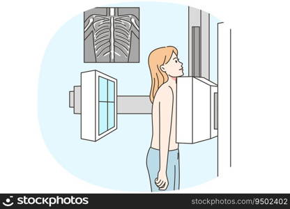 Naked woman making breast X-ray shot in hospital. Female patient scanning lungs on radiograph machine in clinic. Healthcare and checkup. Vector illustration.. Woman have scanning on X-ray