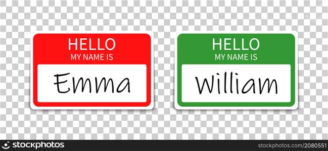 Name badge. Tag for registration. Sticker or card with my nametag. Label with hi. Paper card for identification teacher, speaker on meet and corporate. Template for conference. Vector.
