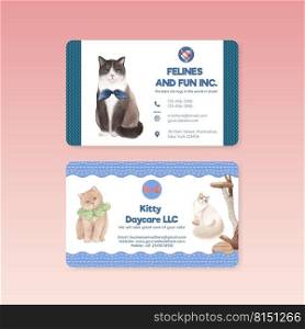 Name card template with cute cat concept watercolor illustration 