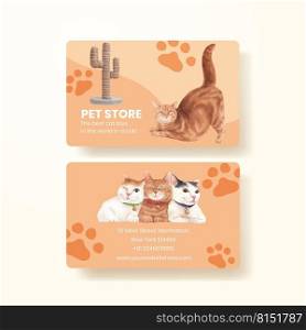 Name card template with cute cat concept watercolor illustration 