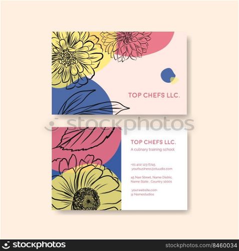 Name card template with spring line art concept design watercolor illustration