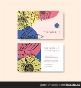 Name card template with spring line art concept design watercolor illustration
