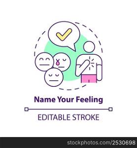 Name your feeling concept icon. Emotion understanding. Improving mental health abstract idea thin line illustration. Isolated outline drawing. Editable stroke. Arial, Myriad Pro-Bold fonts used. Name your feeling concept icon
