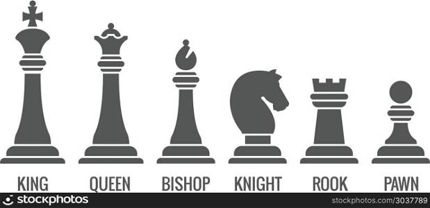 Named chess piece vector icons set. Named chess piece vector. Icons set of chess figures queen and king, illustration rook pawn and knight for chess