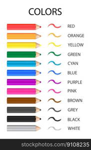 Names of colors in english  white, black, grey, brown, pink, purple, blue, cyan, green, yellow, orange, red.  Vector illustration.