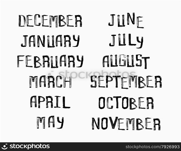 Names of months of the year, vintage grunge typographic, uneven stamp style lettering for your calendar designs