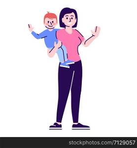 Nanny flat vector character. Babysitter, kindergarten educator cartoon illustration. Young mother with toddler son isolated on white background. Mum, mommy. Childcare service worker holding baby